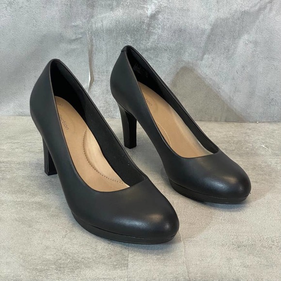 Clarks Shoes - CLARKS Black Leather Adriel Viola Round-Toe Cushioned Slip-On Pumps SZ 8.5